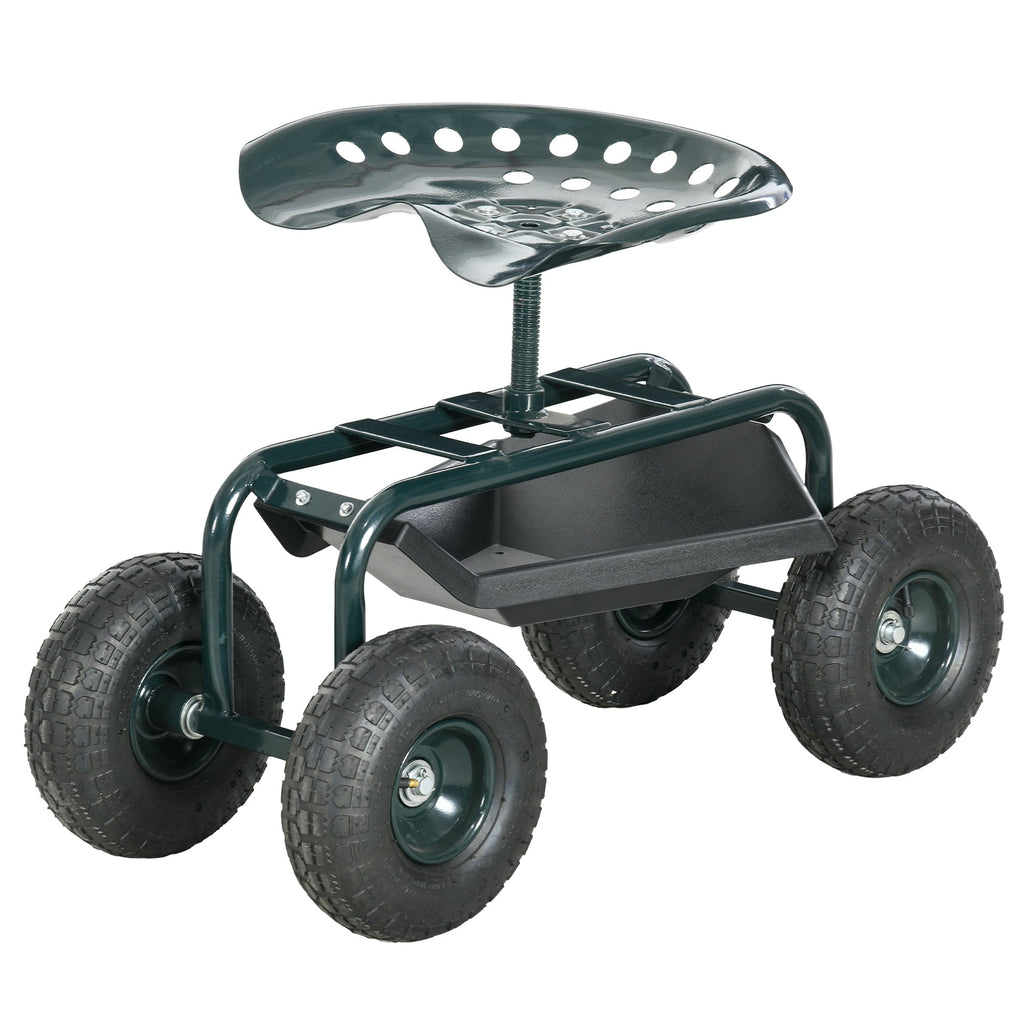 Garden Cart with Seat on Wheels, Tool Tray, 360° Swivel, Height Adjustable