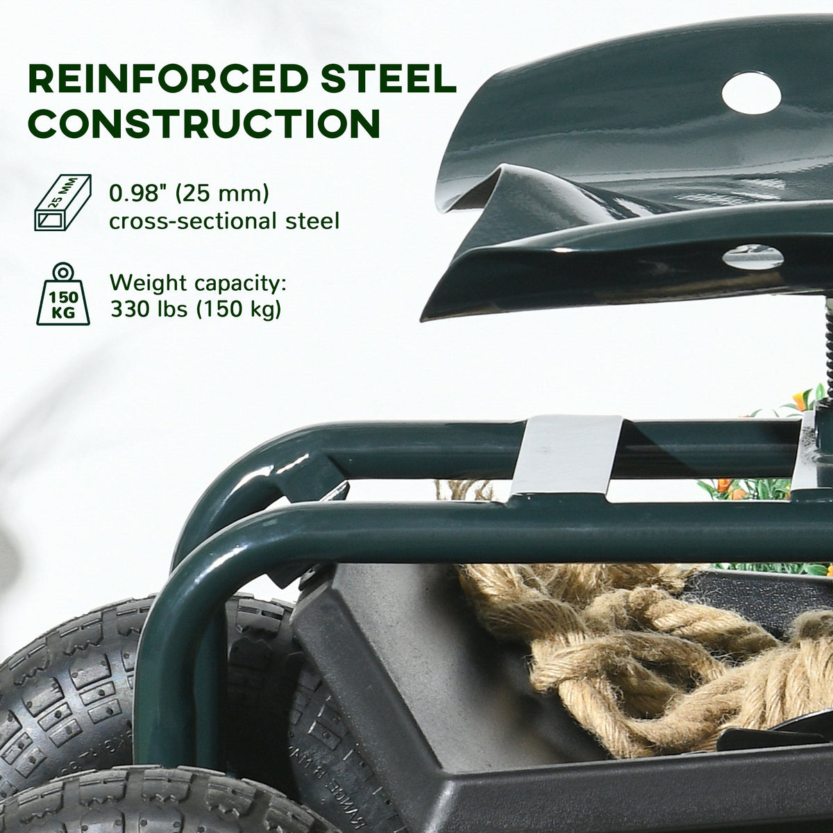Garden Cart with Seat on Wheels, Tool Tray, 360° Swivel, Height Adjustable