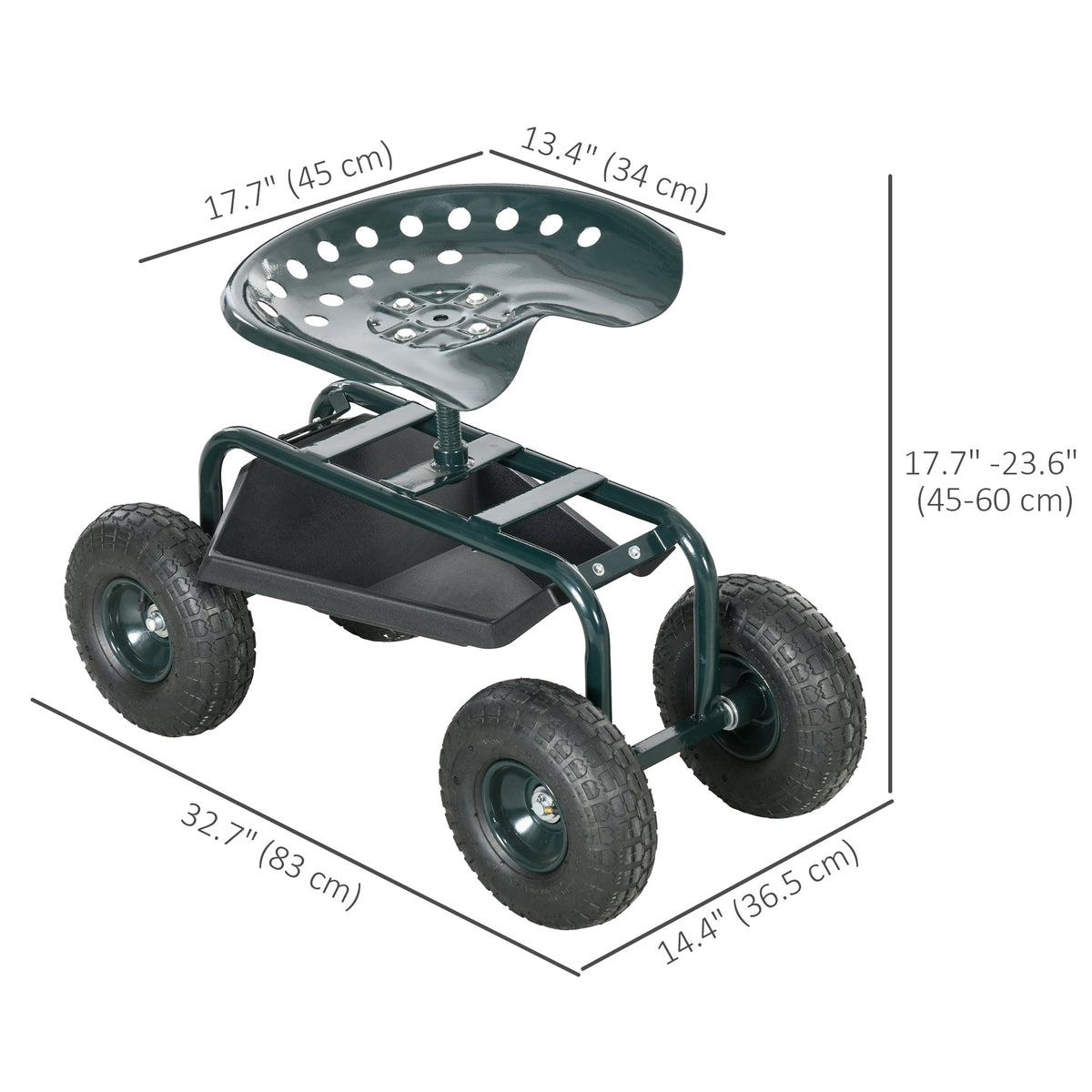 Garden Cart with Seat on Wheels, Tool Tray, 360° Swivel, Height Adjustable