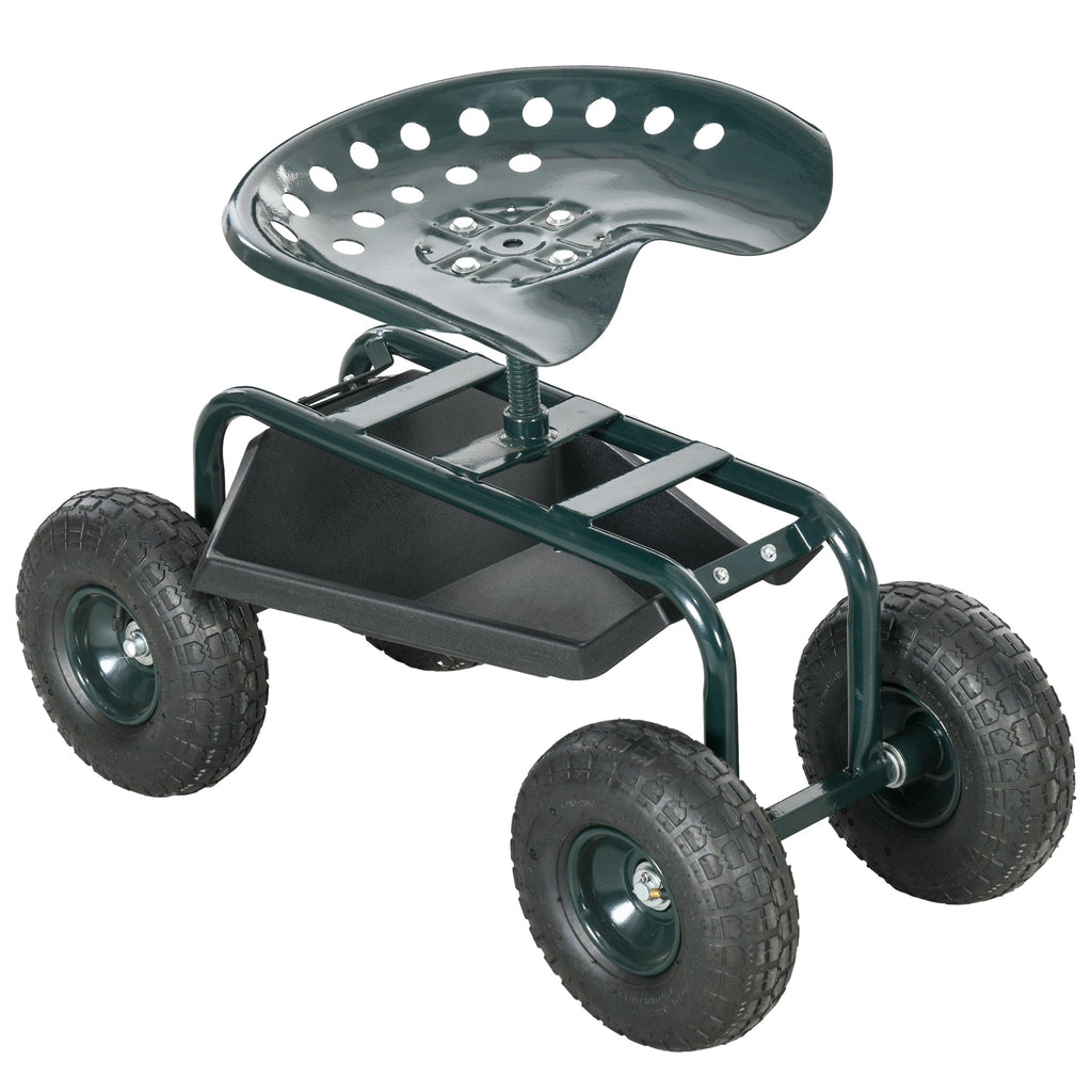 Garden Cart with Seat on Wheels, Tool Tray, 360° Swivel, Height Adjustable