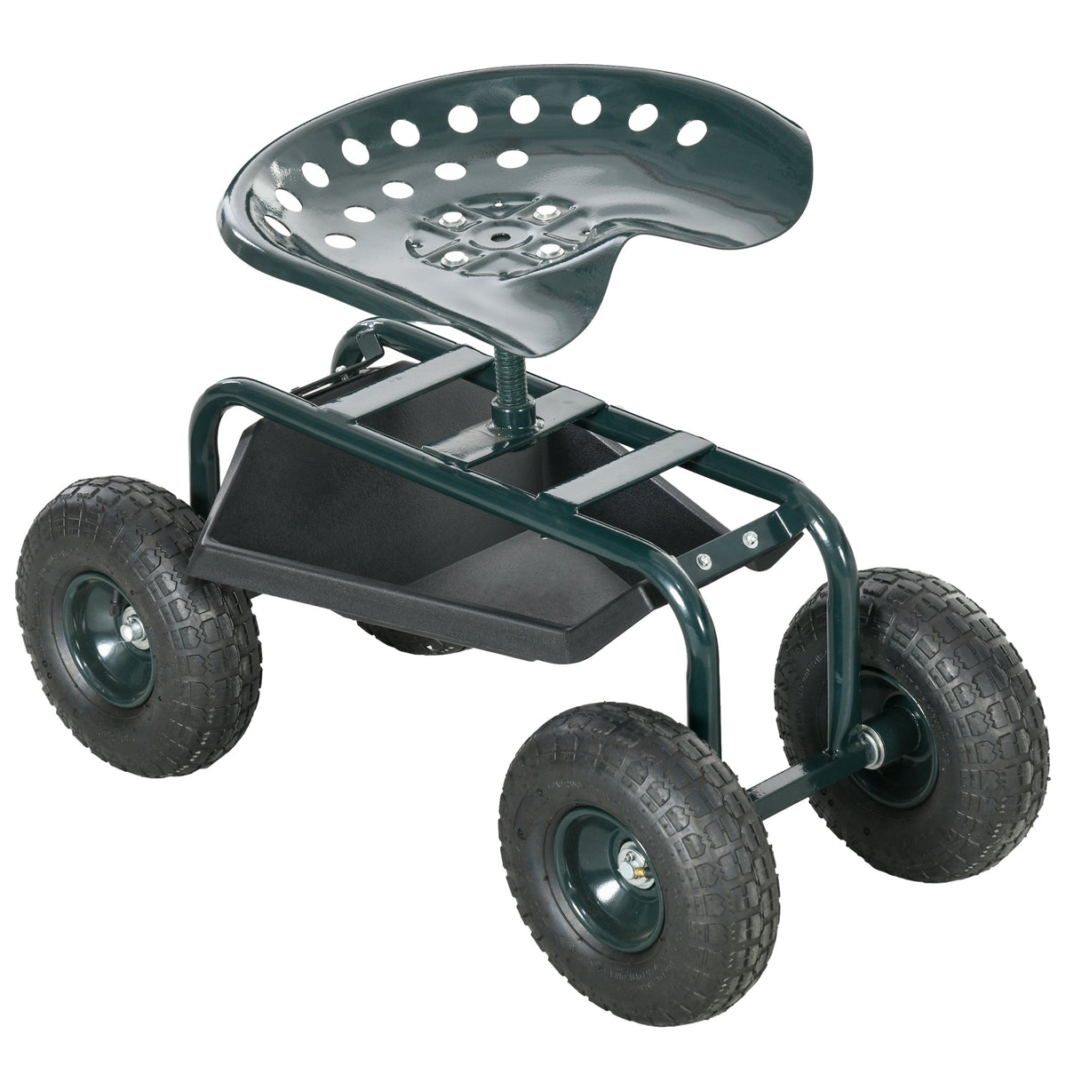 Garden Cart with Seat on Wheels, Tool Tray, 360° Swivel, Height Adjustable