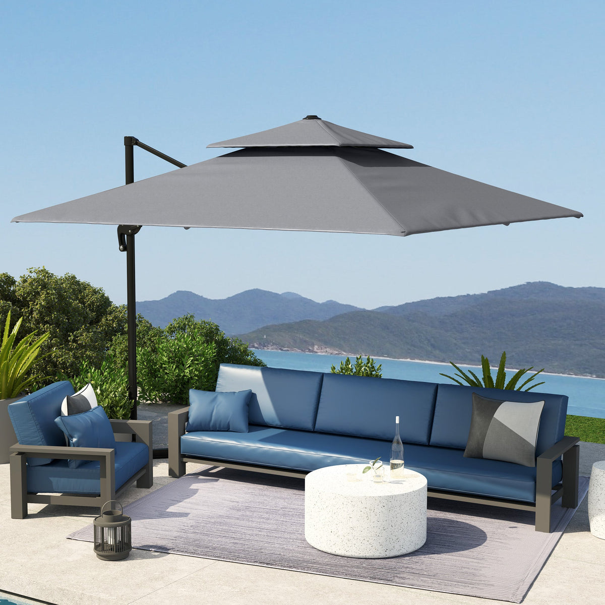 10' x 10' Double Top Square Offset Umbrella with Umbrella Cover, Light Grey