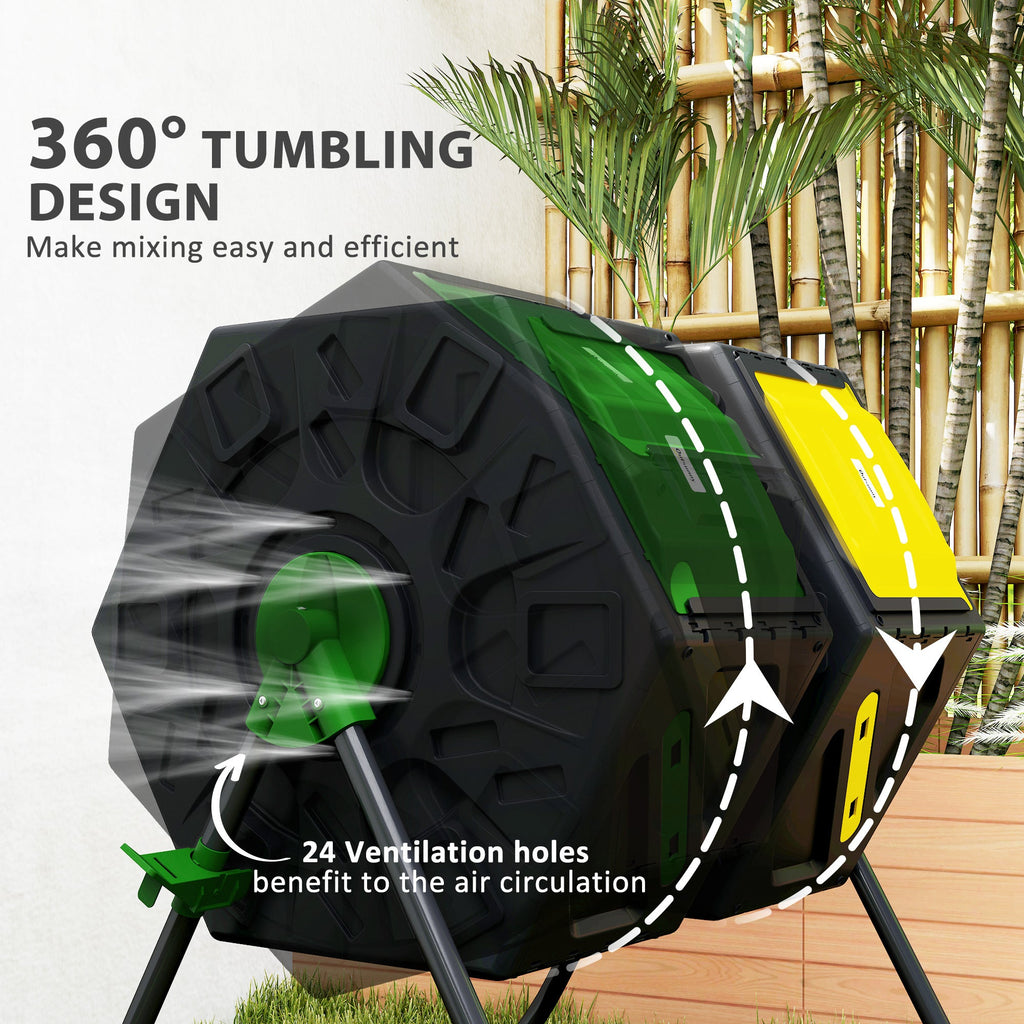 34.5 Gallon Dual Chamber Compost Tumbler with Steel Legs, Yellow/Green