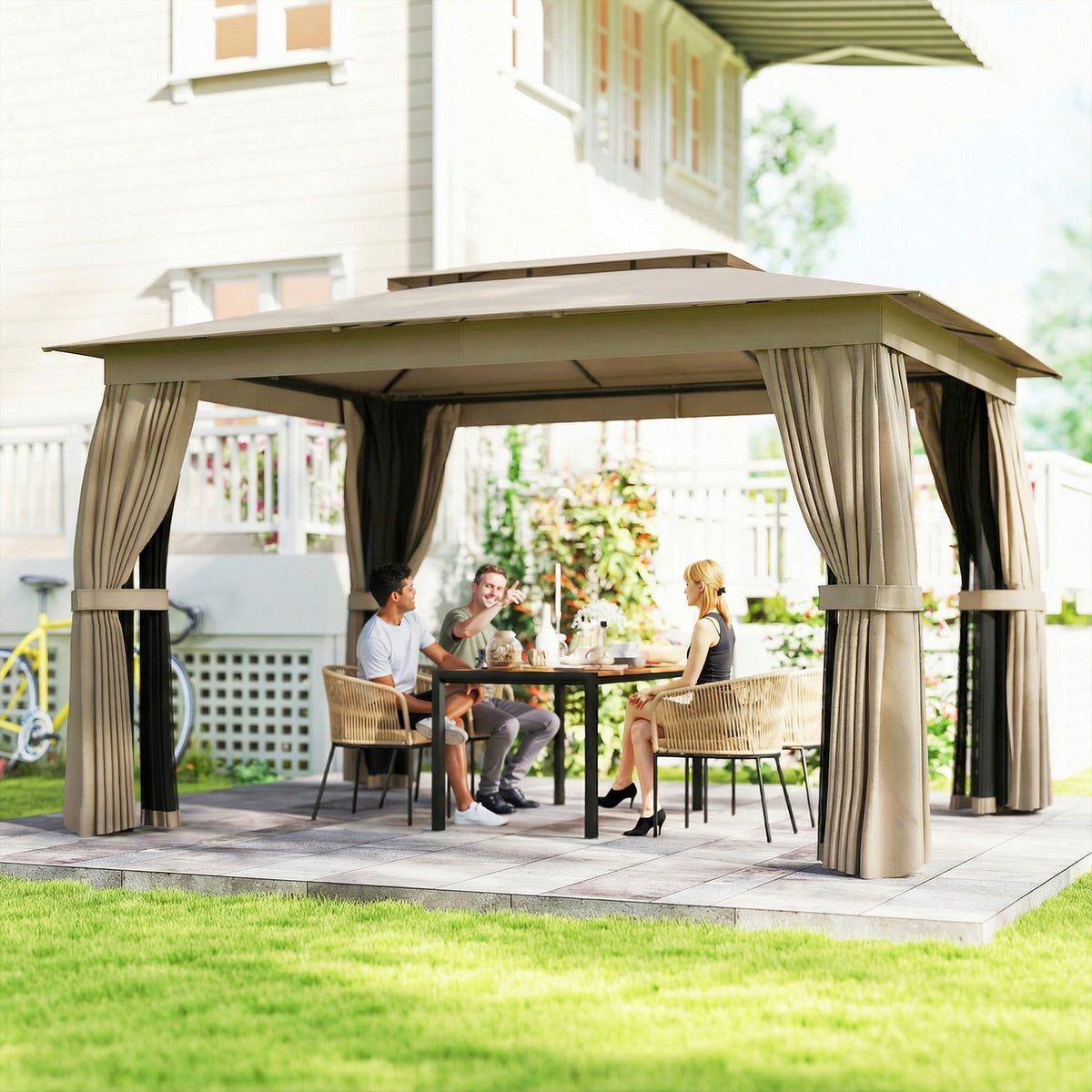 10' x 12' Soft Top Gazebo Canopy Shelter with Double Roof, Curtains, UPF30+ Protection, Deck, Khaki