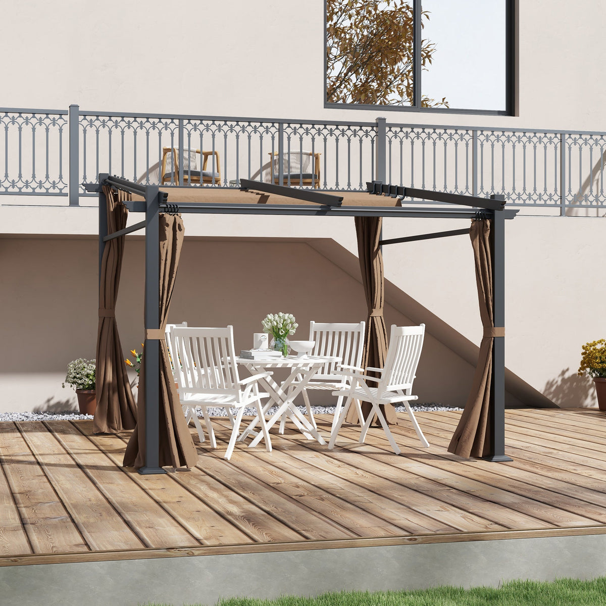 10' x 10' Metal Pergola with Sliding Roof Canopy, Coffee