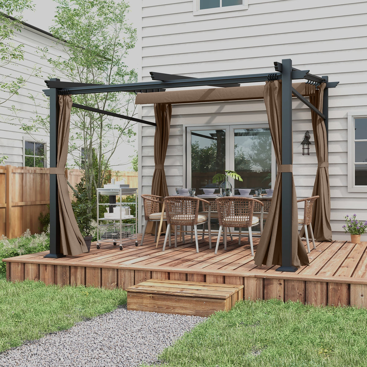 10' x 10' Metal Pergola with Sliding Roof Canopy, Coffee