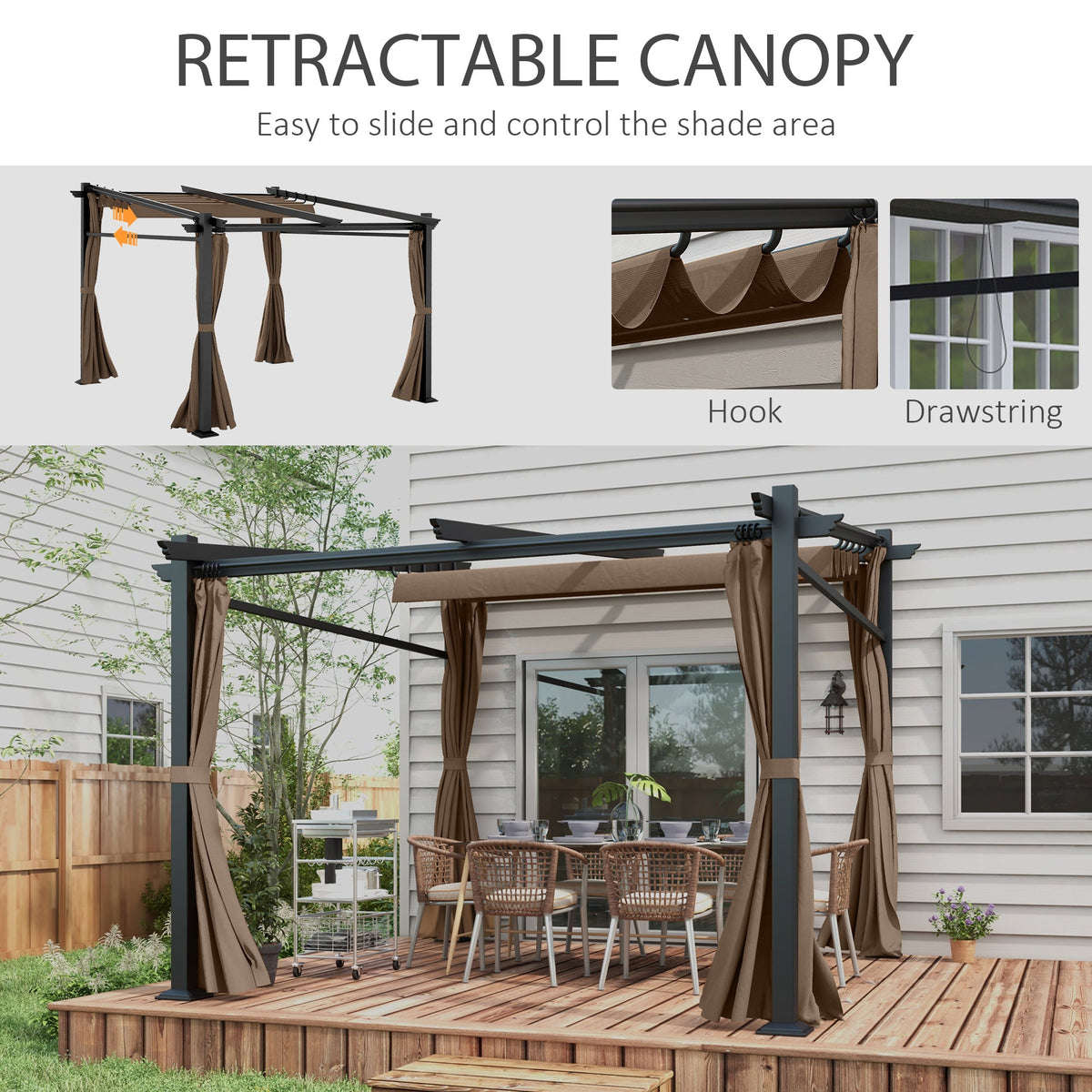 10' x 10' Metal Pergola with Sliding Roof Canopy, Coffee