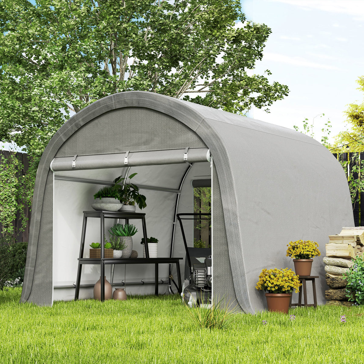 10' x 10' Heavy Duty Garden Storage Tent with Galvanized Frame, Light Grey