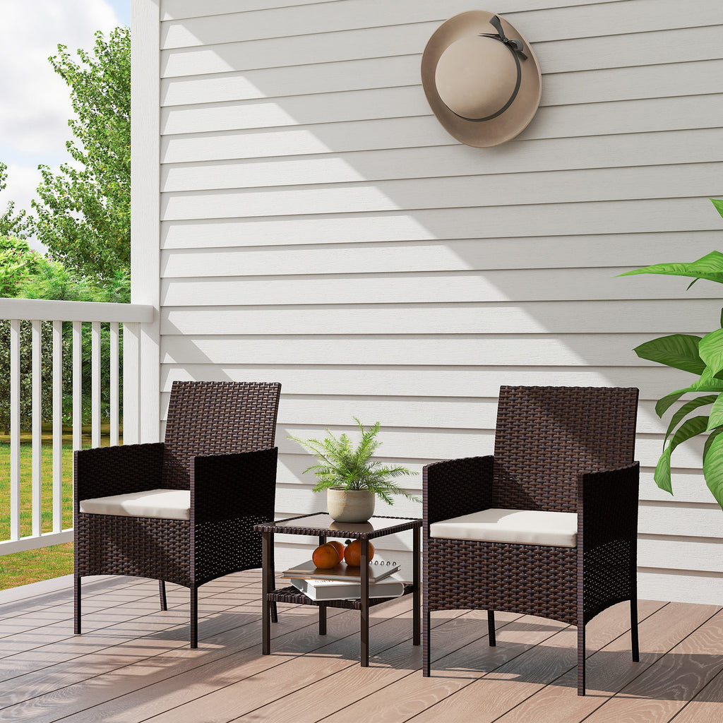 3 Piece Wicker Bistro Set with 2-Tier Glass Top Table, Cushions for Balcony, Porch, Beige