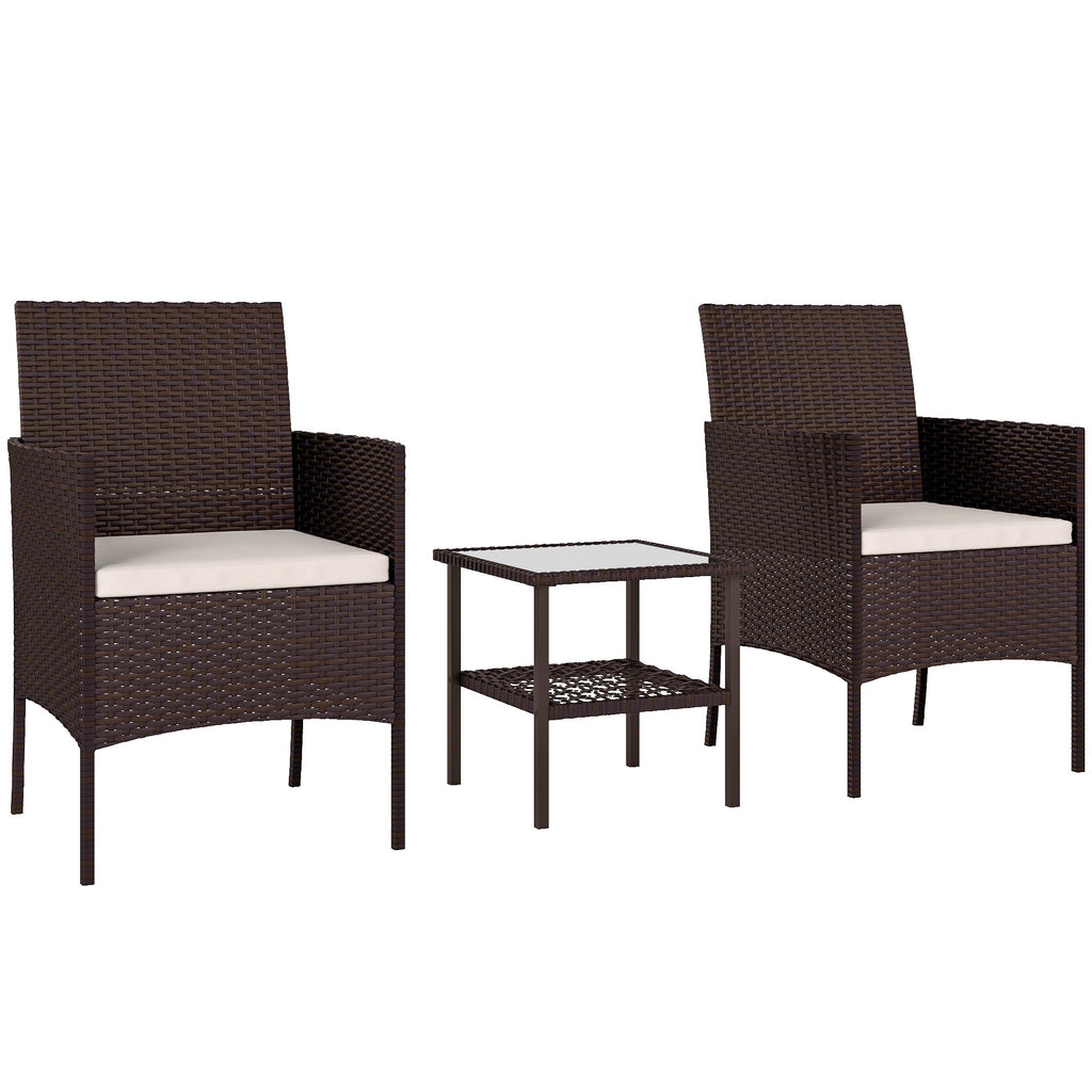 3 Piece Wicker Bistro Set with 2-Tier Glass Top Table, Cushions for Balcony, Porch, Beige