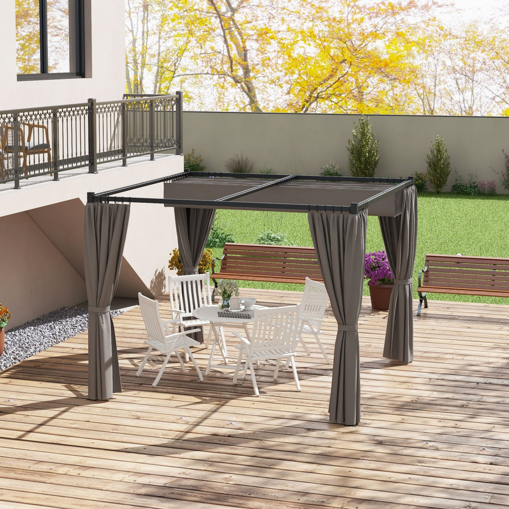10' x 10' Pergola with Retractable Canopy & Curtains, Light Grey