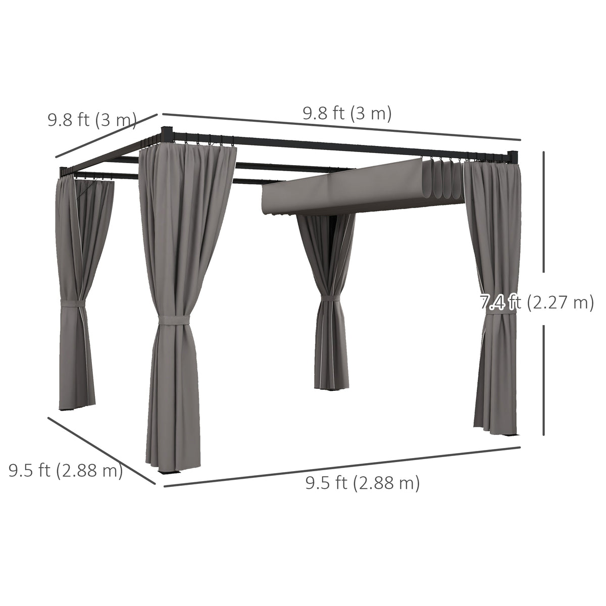 10' x 10' Pergola with Retractable Canopy & Curtains, Light Grey