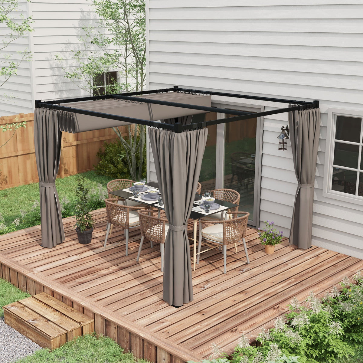 10' x 10' Pergola with Retractable Canopy & Curtains, Light Grey