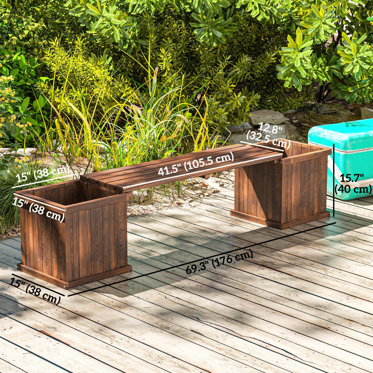 Wooden Planter & Bench Combination, 69.25" x 15" x 15.75", Carbonized