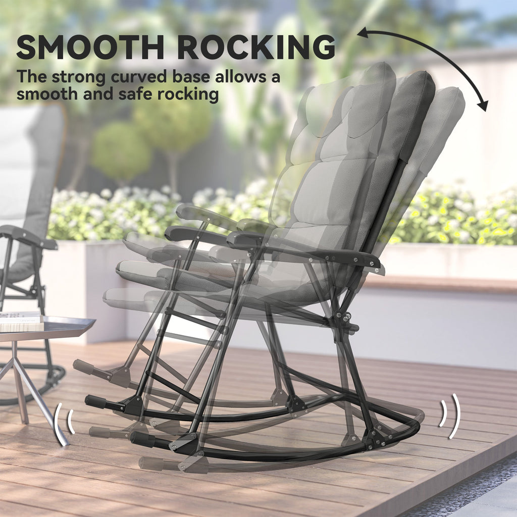 Patio Folding Rocking Chair Set of 2 Padded Rockers with Armrest & Headrest, Light Grey