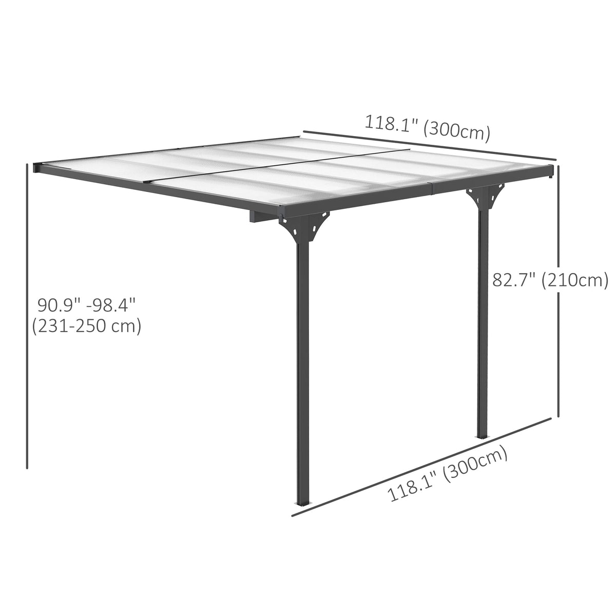 10' x 10' Outdoor Lean to Hardtop Pergola with Polycarbonate Roof & Adjustable Height, Grey