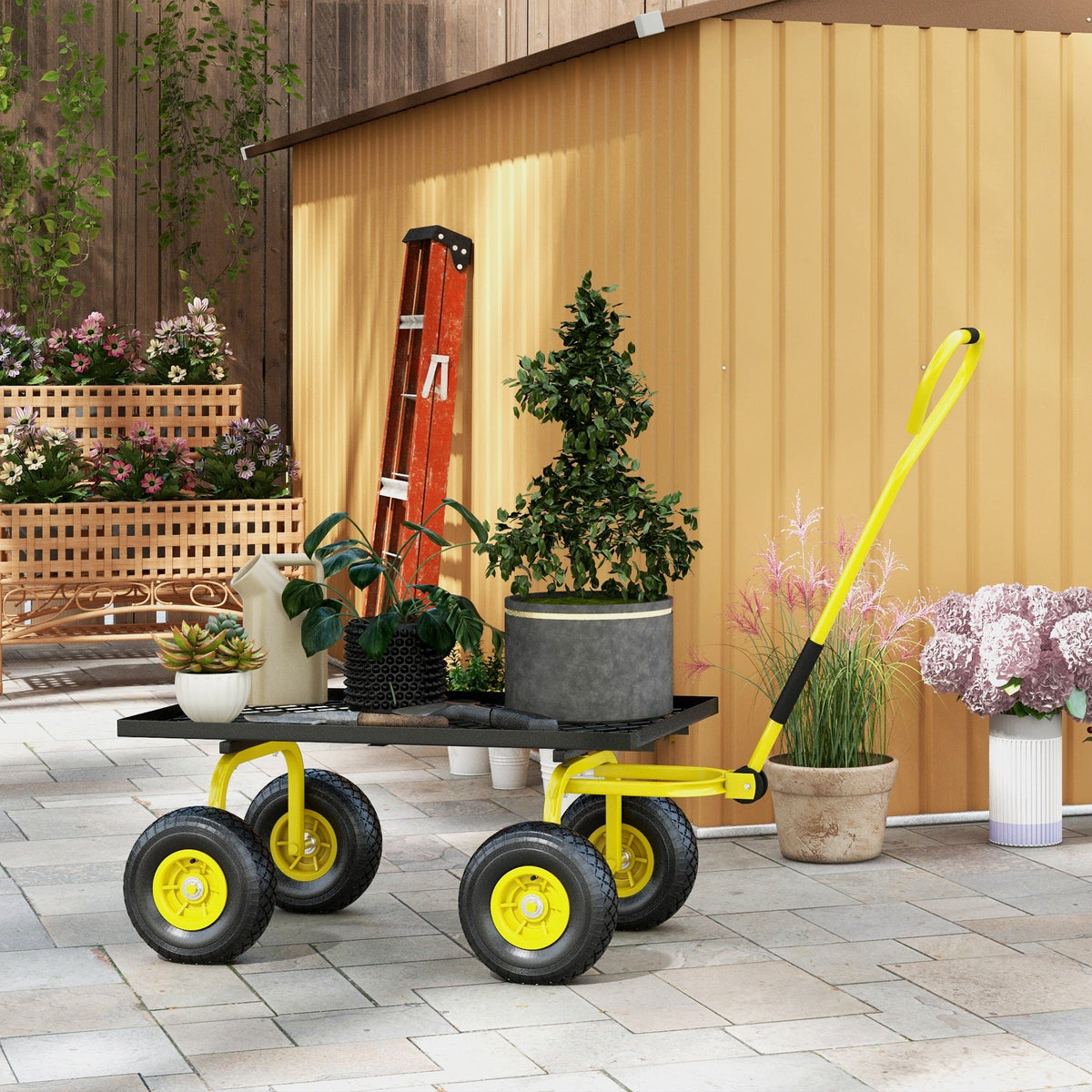 Heavy Duty Garden Wagon with 10" Wheels and Rotating Handle, 330 lb Capacity, Yellow