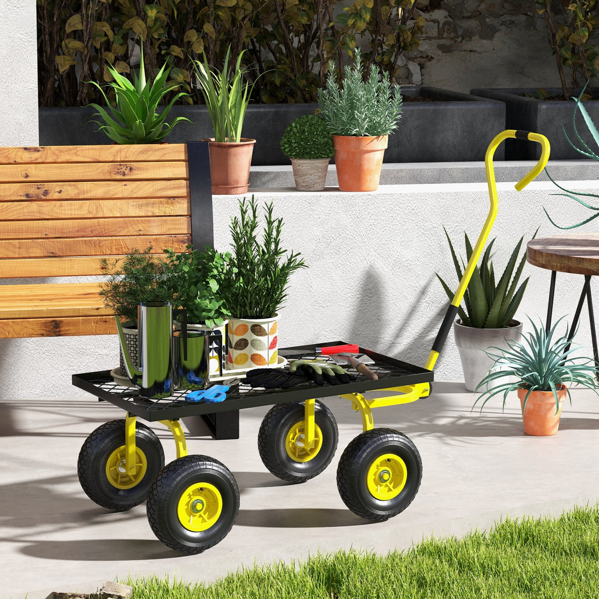 Heavy Duty Garden Wagon with 10" Wheels and Rotating Handle, 330 lb Capacity, Yellow
