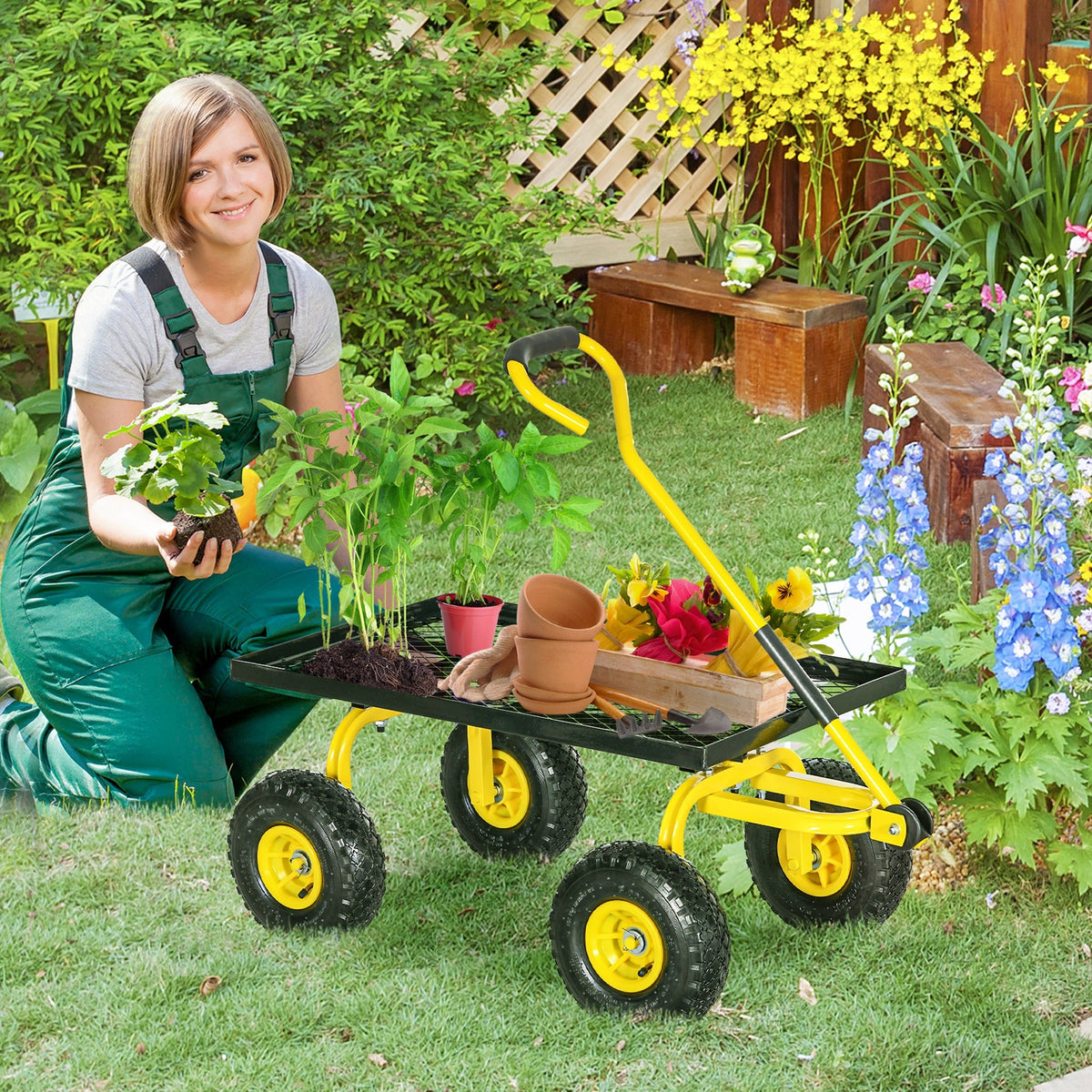 Heavy Duty Garden Wagon with 10" Wheels and Rotating Handle, 330 lb Capacity, Yellow
