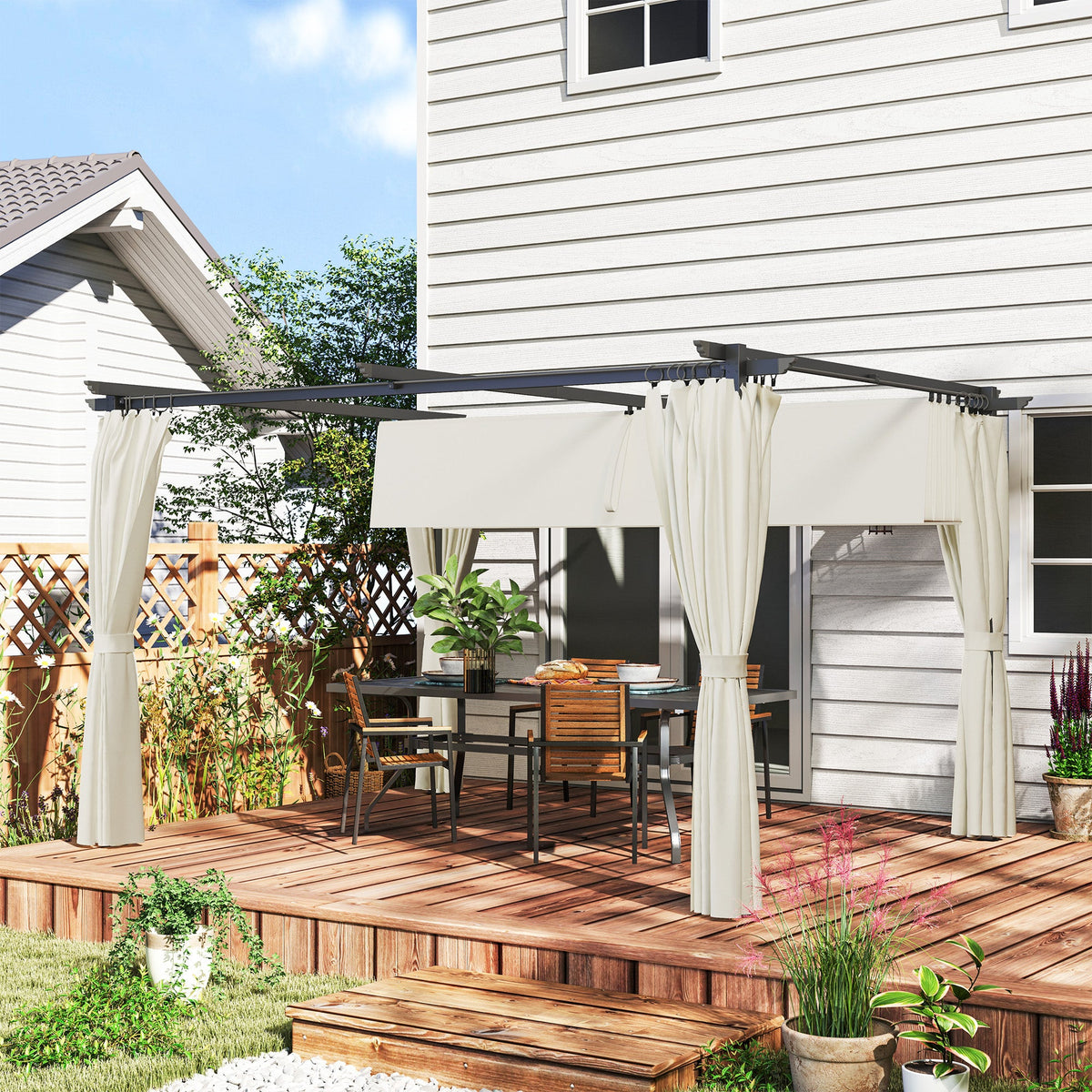 10' x 13' Retractable Pergola Canopy with Curtains, Cream White