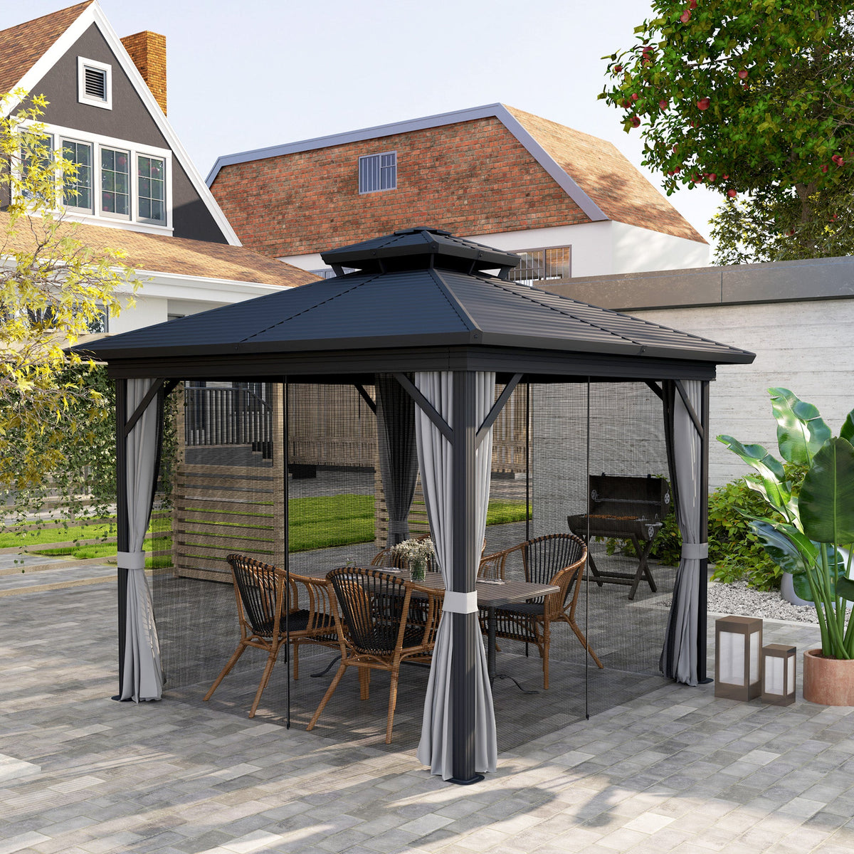 10' x 10' Hardtop Gazebo with Double Roof & Mosquito Netting, Light Grey