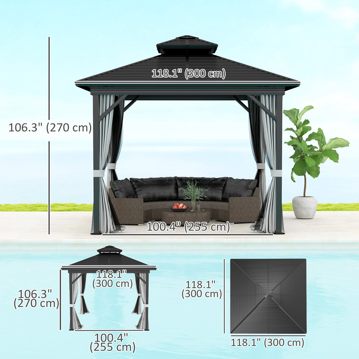 10' x 10' Hardtop Gazebo with Double Roof & Mosquito Netting, Light Grey