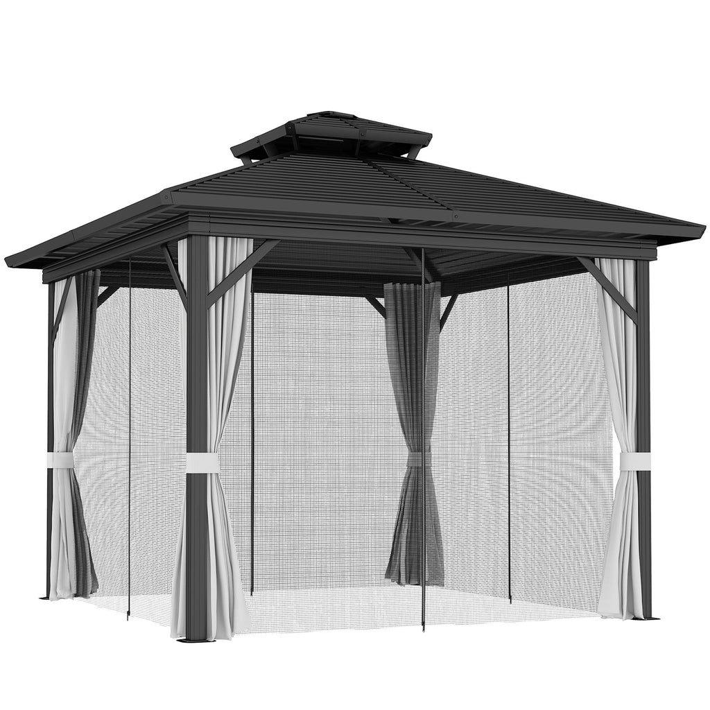 10' x 10' Hardtop Gazebo with Double Roof & Mosquito Netting, Light Grey