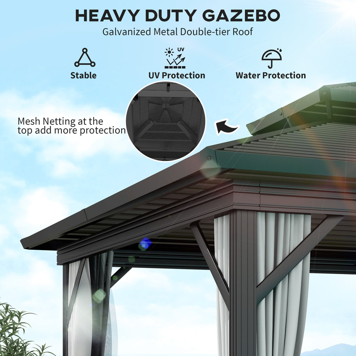 10' x 10' Hardtop Gazebo with Double Roof & Mosquito Netting, Light Grey