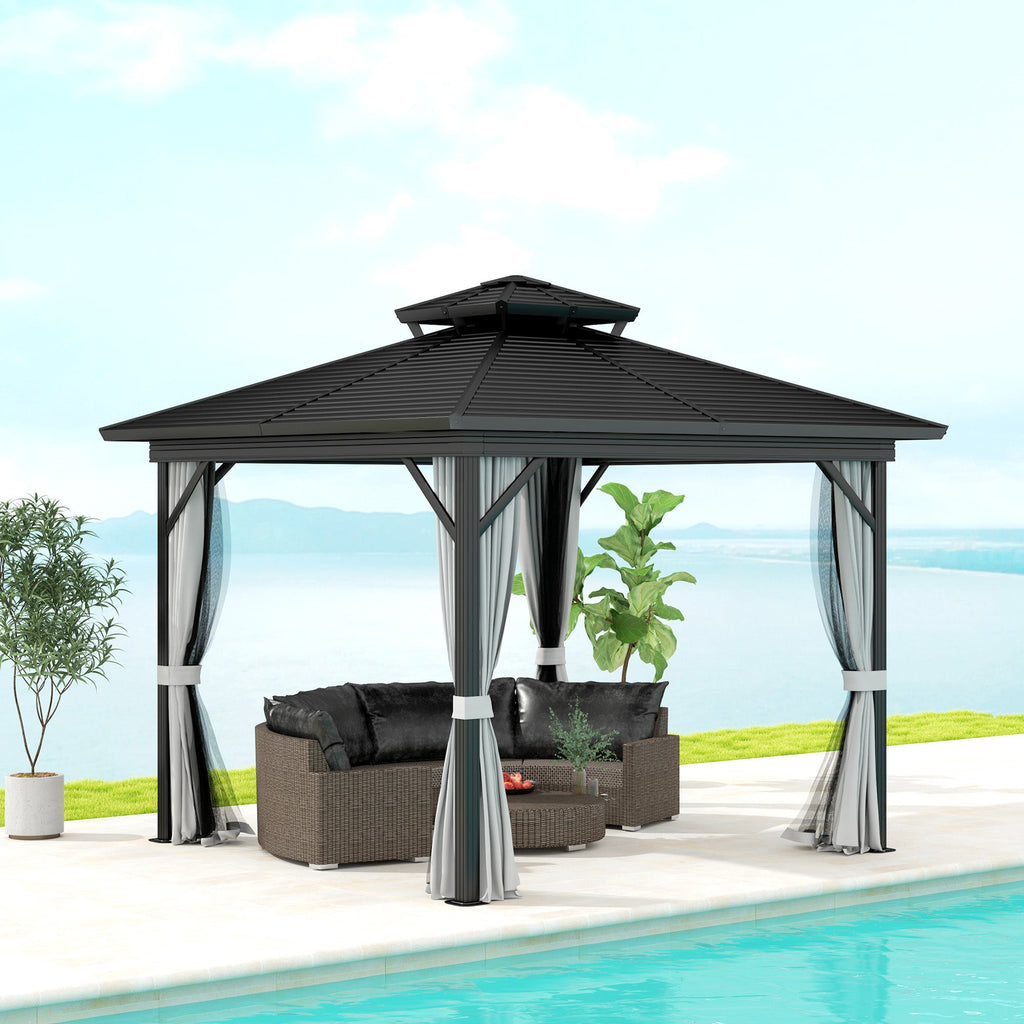 10' x 10' Hardtop Gazebo with Double Roof & Mosquito Netting, Light Grey