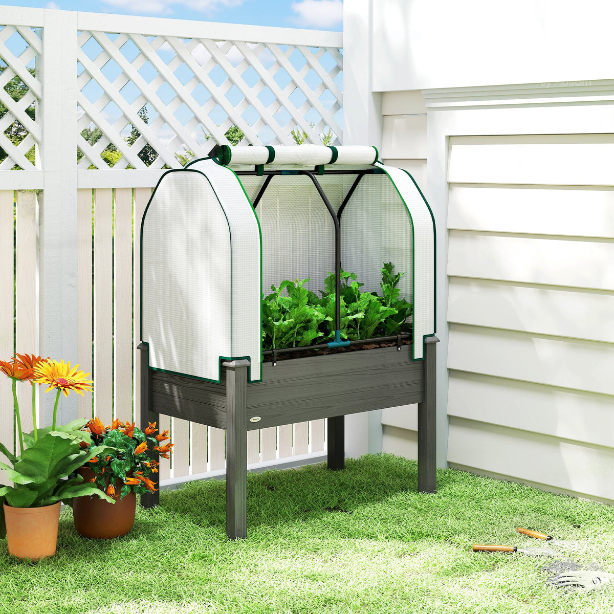 Raised Garden Bed with PE Greenhouse Cover for Herbs and Vegetables, 35 x 22 x 47 inch, Dark Gray