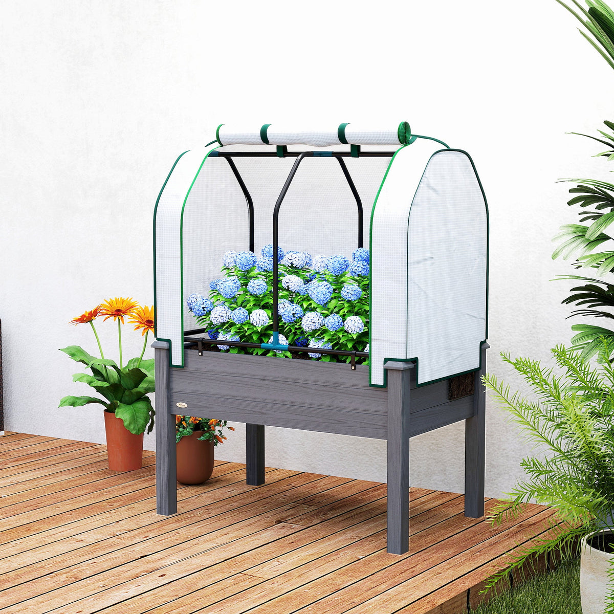 Raised Garden Bed with PE Greenhouse Cover for Herbs and Vegetables, 35 x 22 x 47 inch, Dark Gray