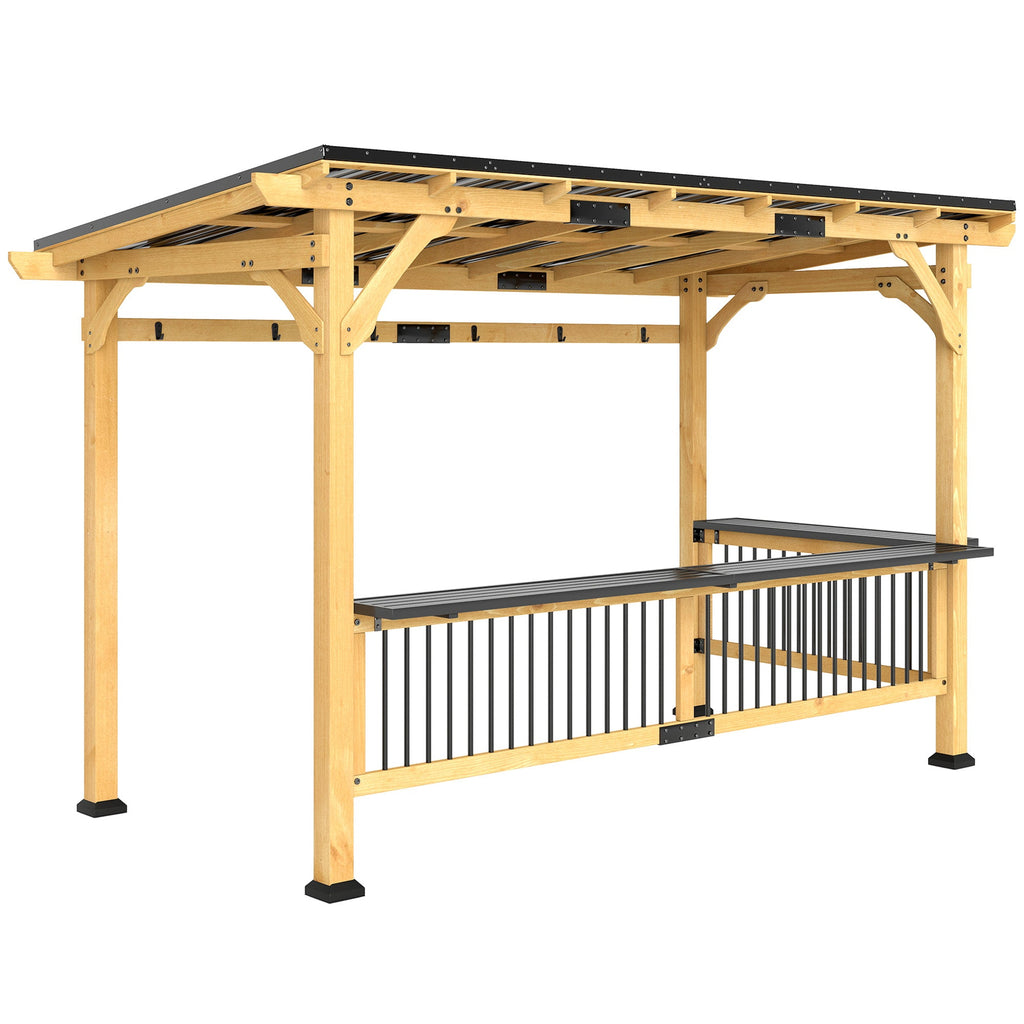 13' x 6' Wooden BBQ Grill Gazebo with Metal Roof 2 Bar Shelves and 6 Hooks, Natural