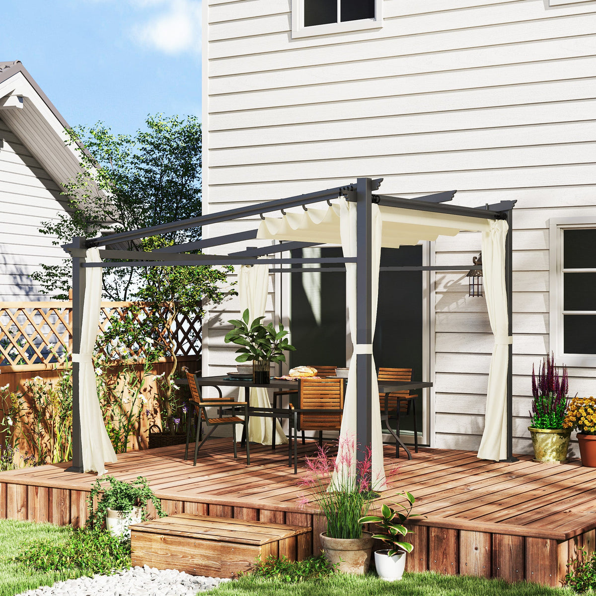 10' x 10' Metal Pergola with Sliding Roof Canopy, Beige