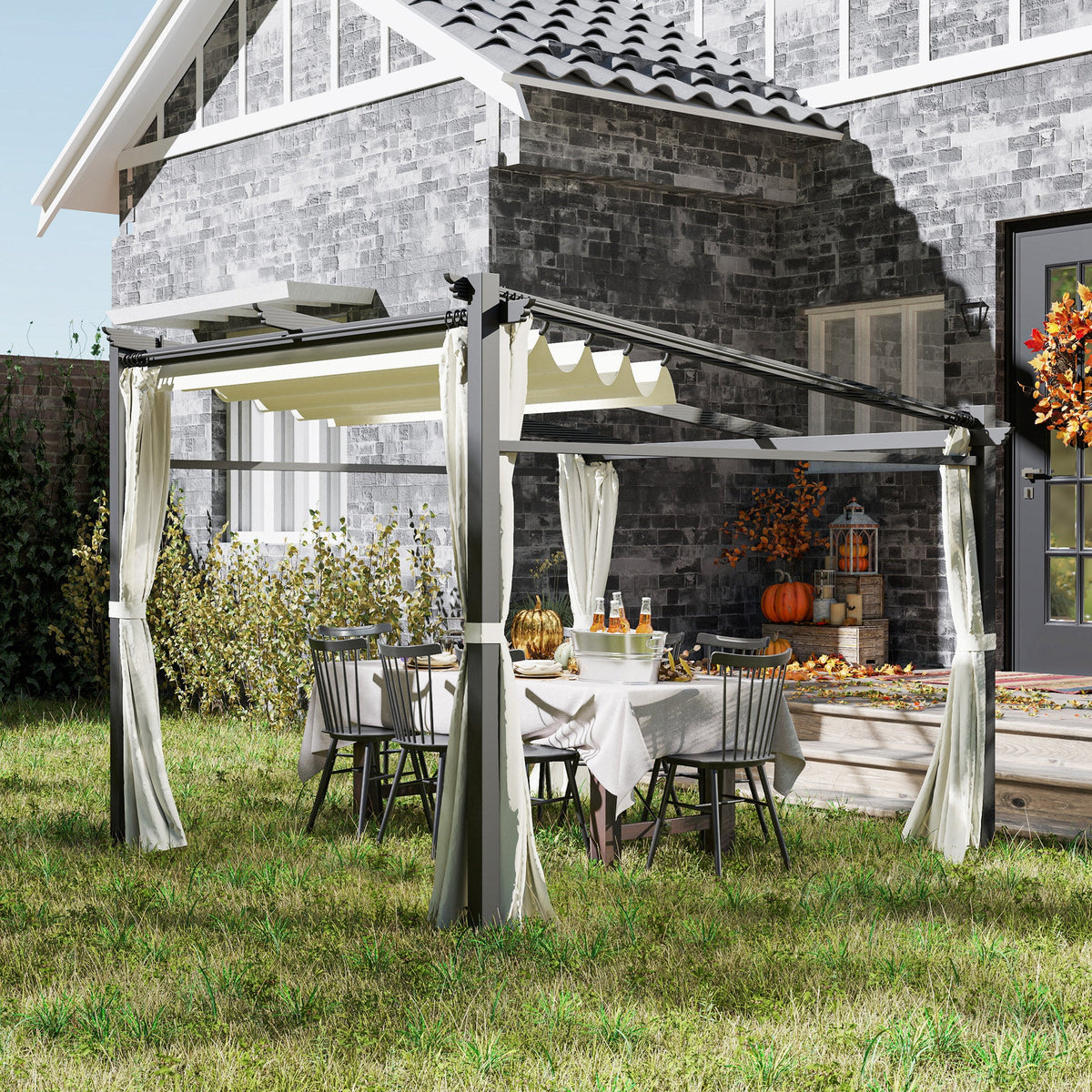 10' x 10' Metal Pergola with Sliding Roof Canopy, Beige