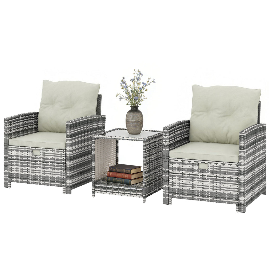 5-Piece Rattan Patio Set with Ottomans and 2-Tier Glass Coffee Table, Grey Cream