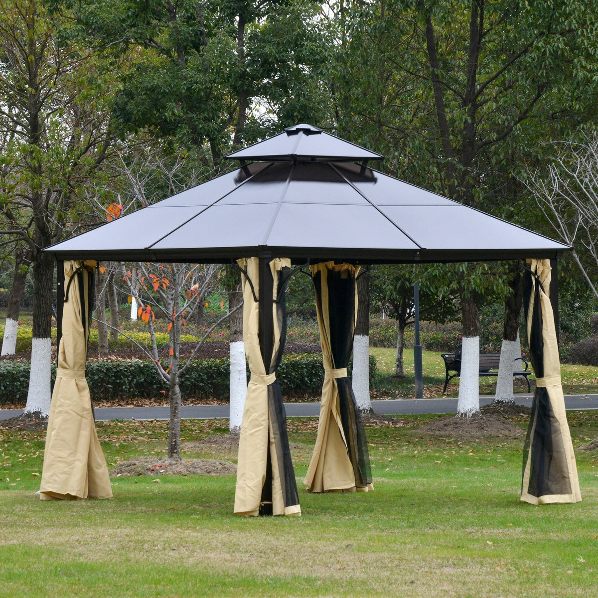 10' x 10' Hardtop Gazebo with Polycarbonate Roof & Netting, Beige