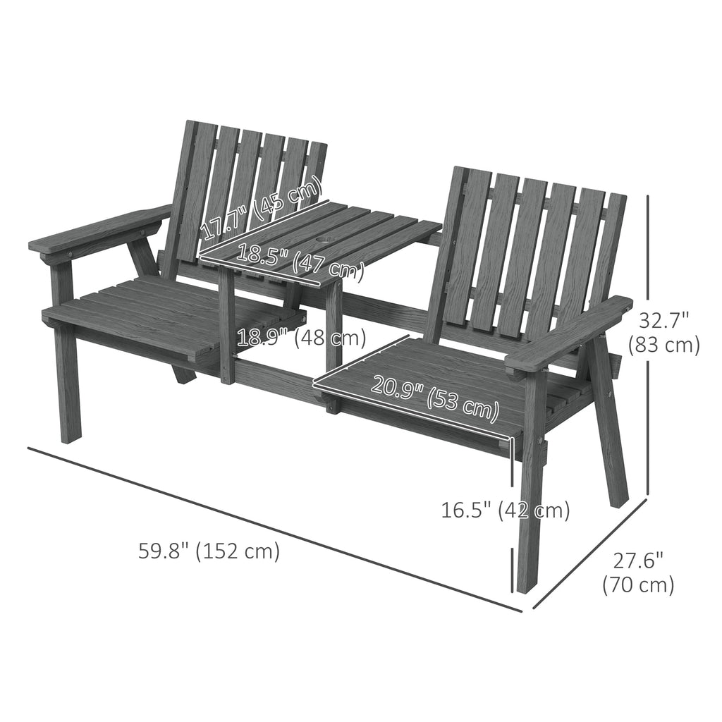 Garden Bench with Middle Table & Umbrella Hole, 2-Seater Wooden Bench, Slat Design, Grey