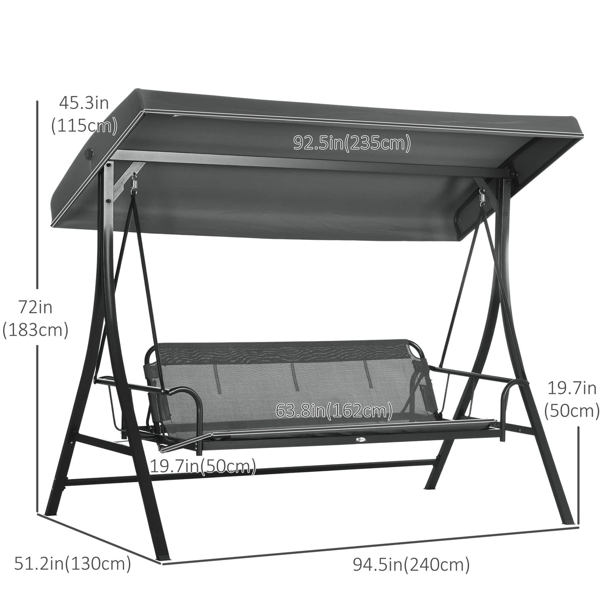 3 Person Porch Swing Bench w/ Adjustable Canopy, Cushions & Pillows for Porch, Dark Grey