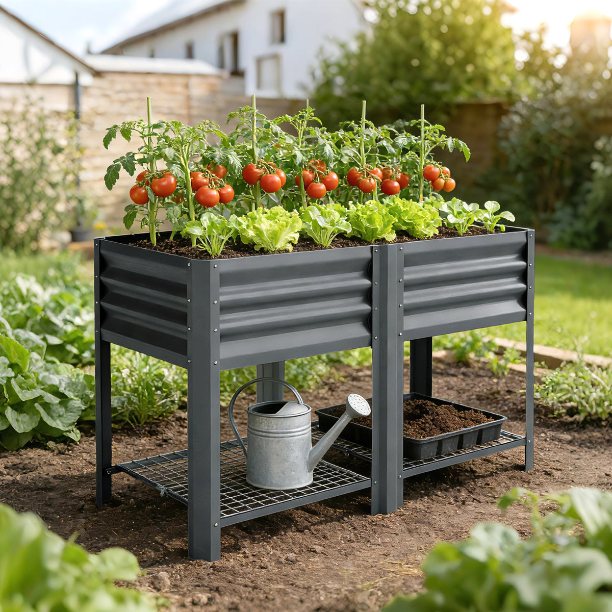 Galvanized Steel Raised Garden Bed with Legs and Storage Shelf, Dark Grey