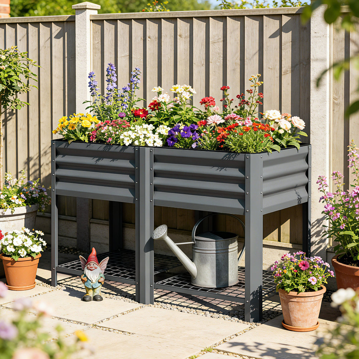 Galvanized Steel Raised Garden Bed with Legs and Storage Shelf, Dark Grey