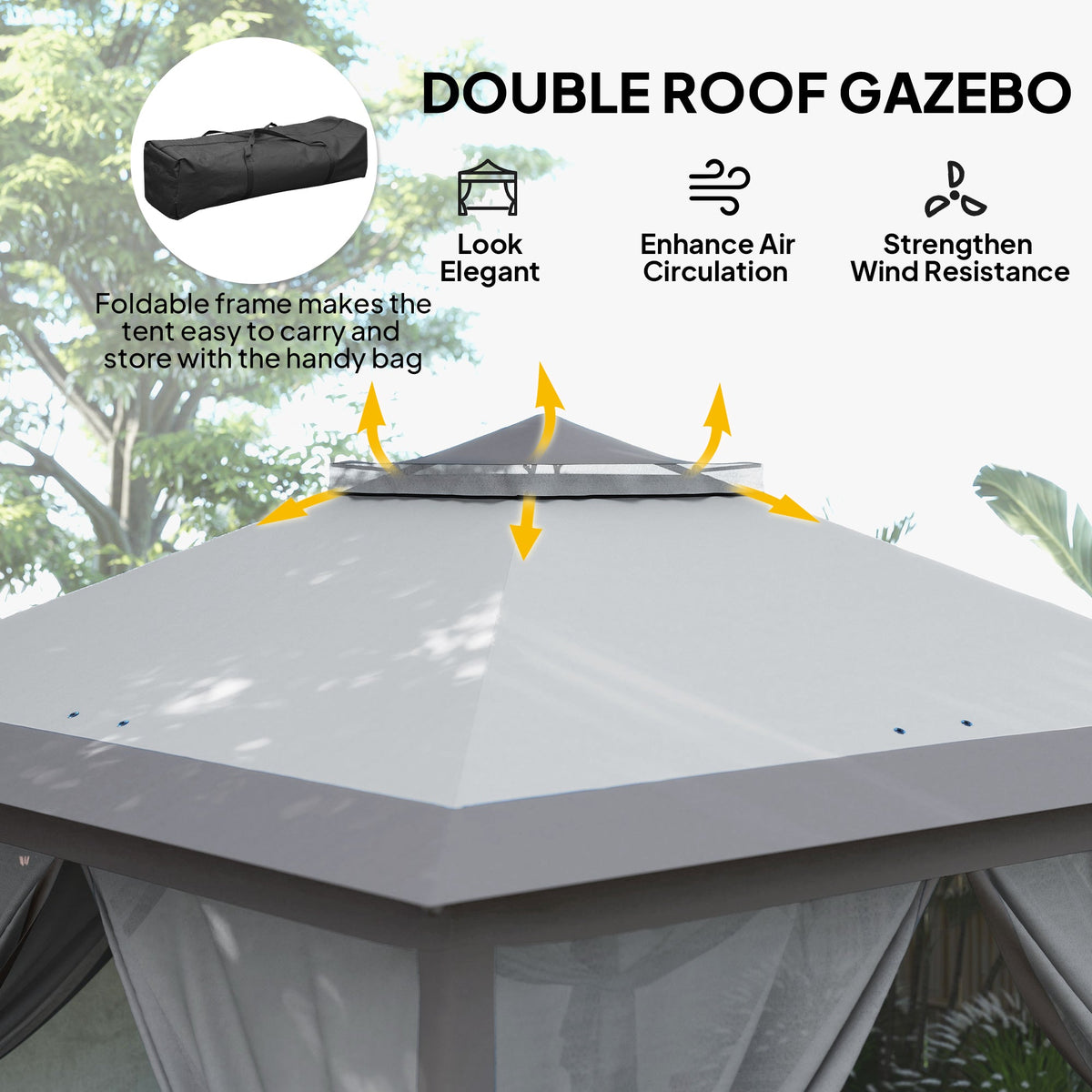 3.3 x 3.3m Pop Up Gazebo with Double Roof & Mesh Sidewalls, Grey
