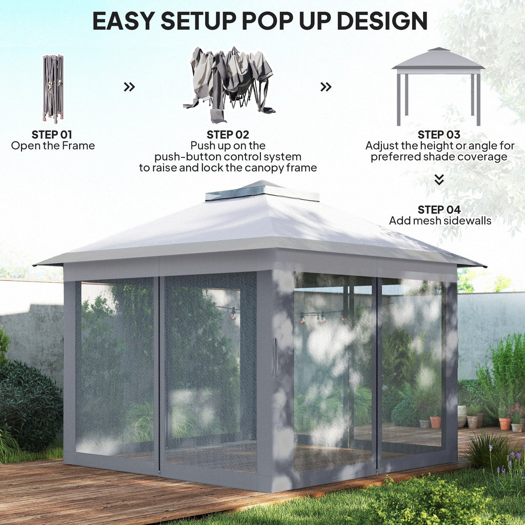 3.3 x 3.3m Pop Up Gazebo with Double Roof & Mesh Sidewalls, Grey
