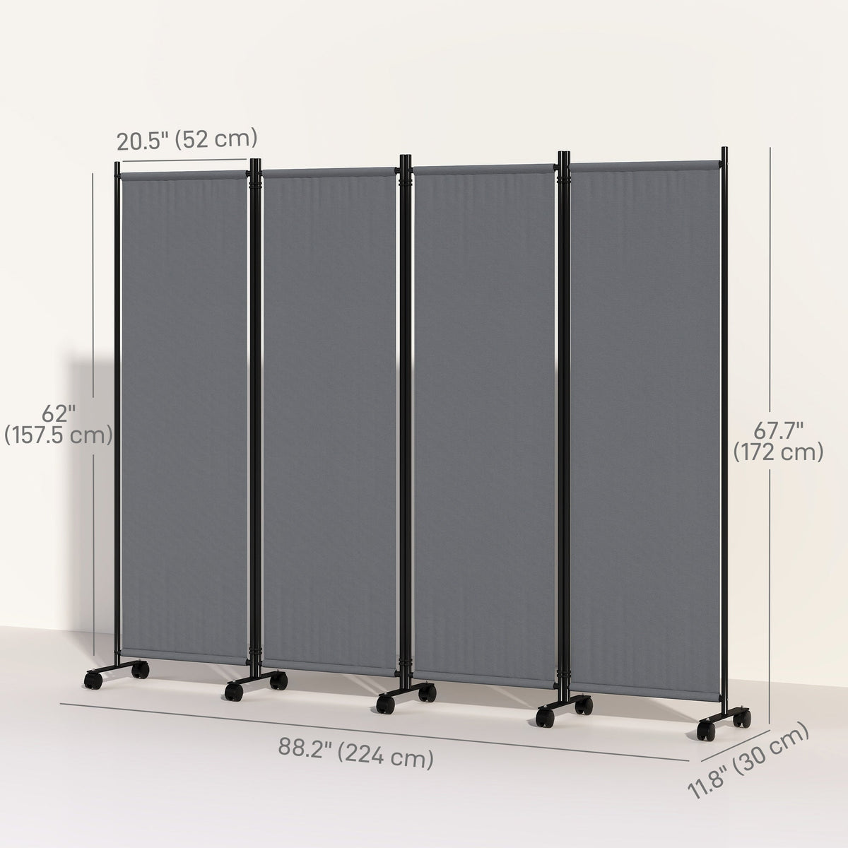 4 Panel Folding Room Divider with Lockable Wheels, Dark Grey