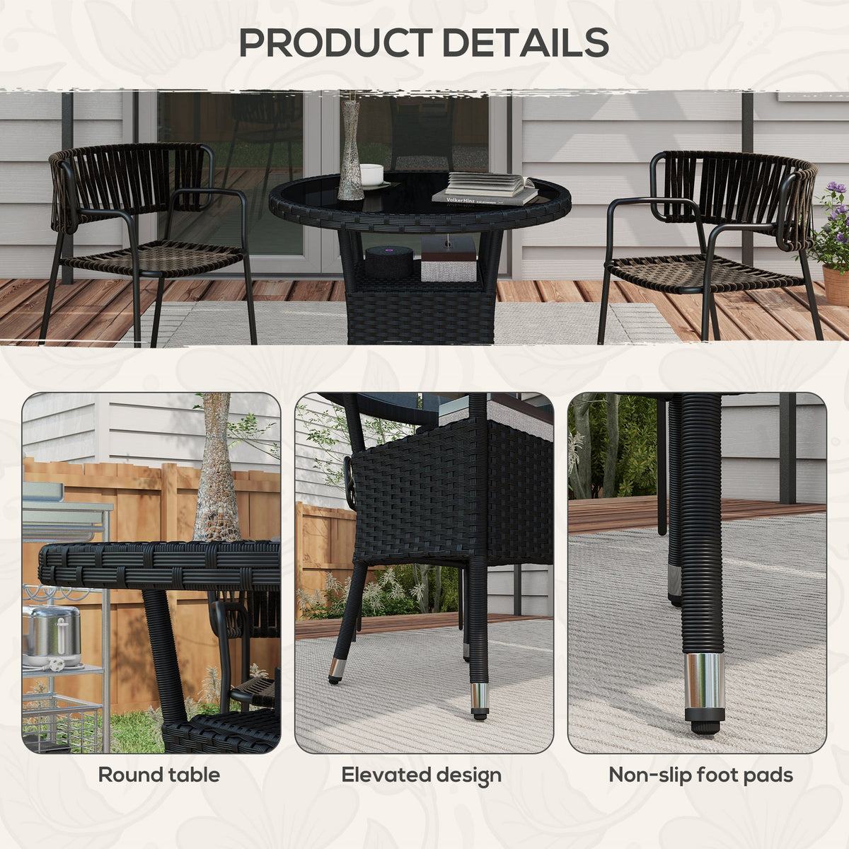 |μ 31.5" Outdoor PE Rattan Wicker Dining Table with Glass Top & 2-Tier Storage Shelf, Black