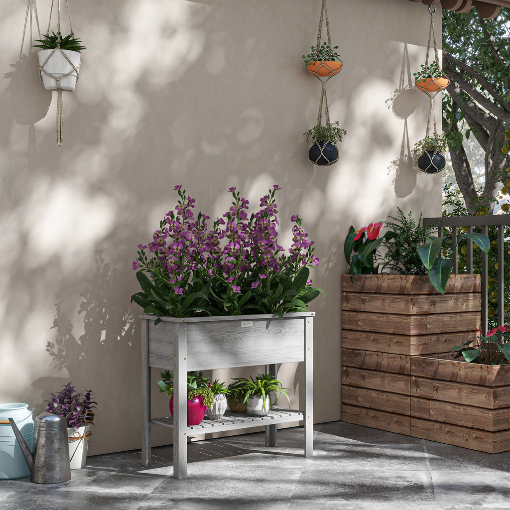 Wooden Raised Garden Bed Standing Elevated Planter Box with Storage Shelf for Flowers, Vegetables, and Herbs, 36" x 16" x 32", Grey