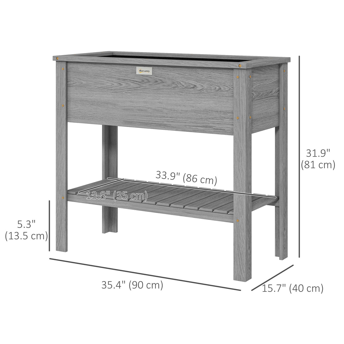 Wooden Raised Garden Bed Standing Elevated Planter Box with Storage Shelf for Flowers, Vegetables, and Herbs, 36" x 16" x 32", Grey