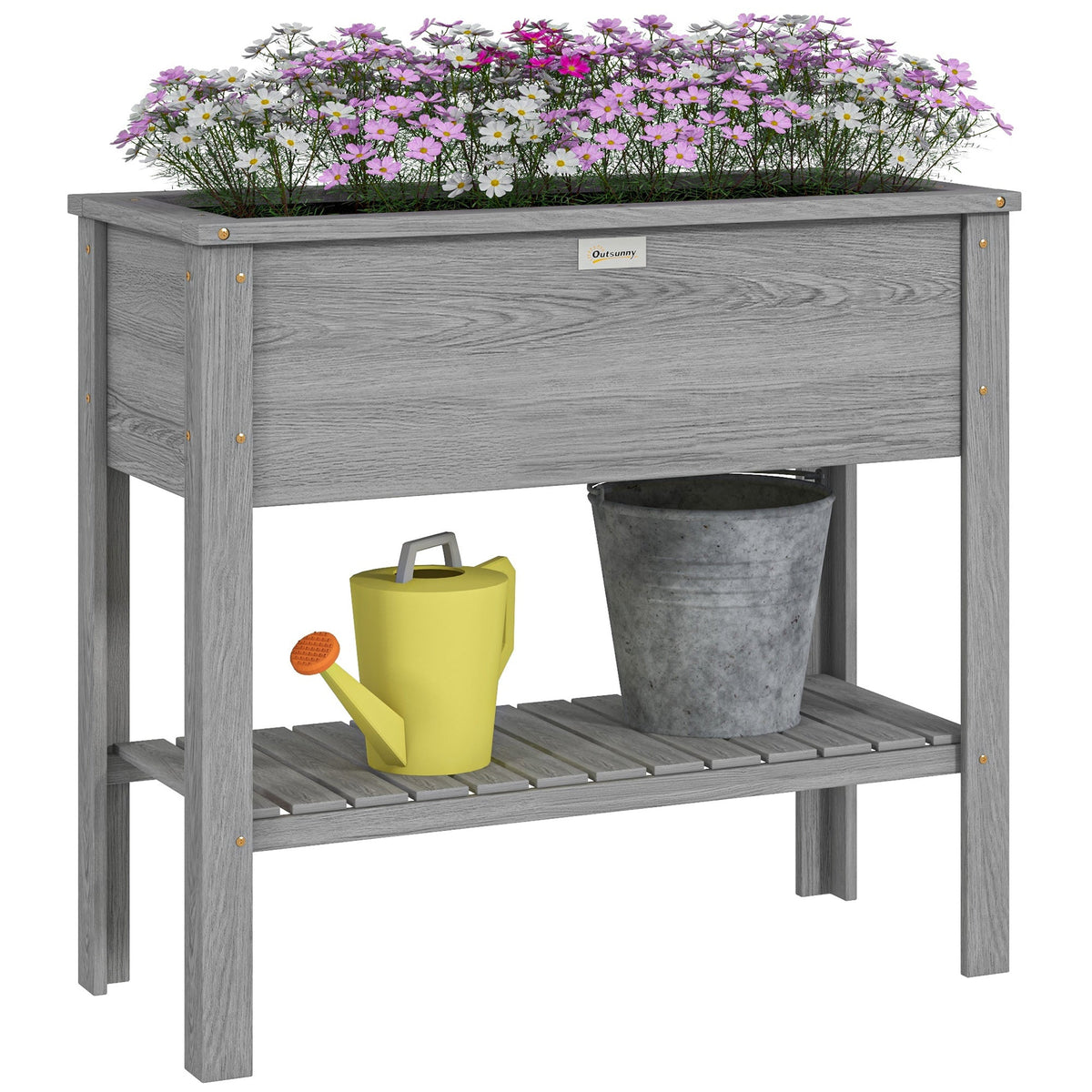 Wooden Raised Garden Bed Standing Elevated Planter Box with Storage Shelf for Flowers, Vegetables, and Herbs, 36" x 16" x 32", Grey