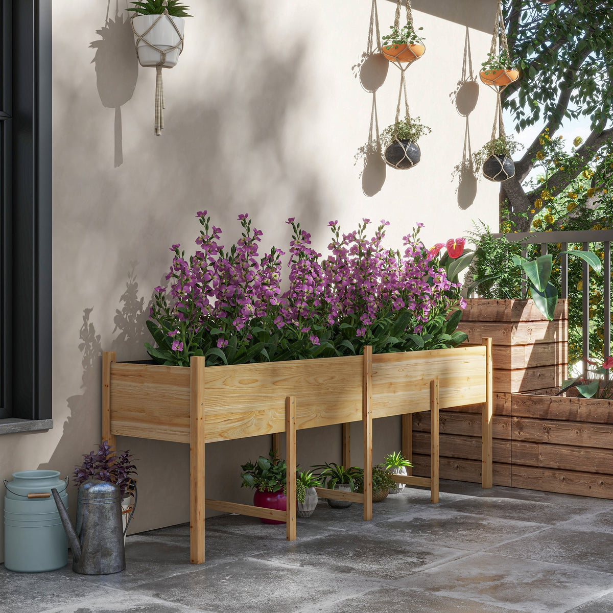 Wooden Raised Bed with Liner & Drain Holes, 86.6" x 19.7" x 10.6", Natural