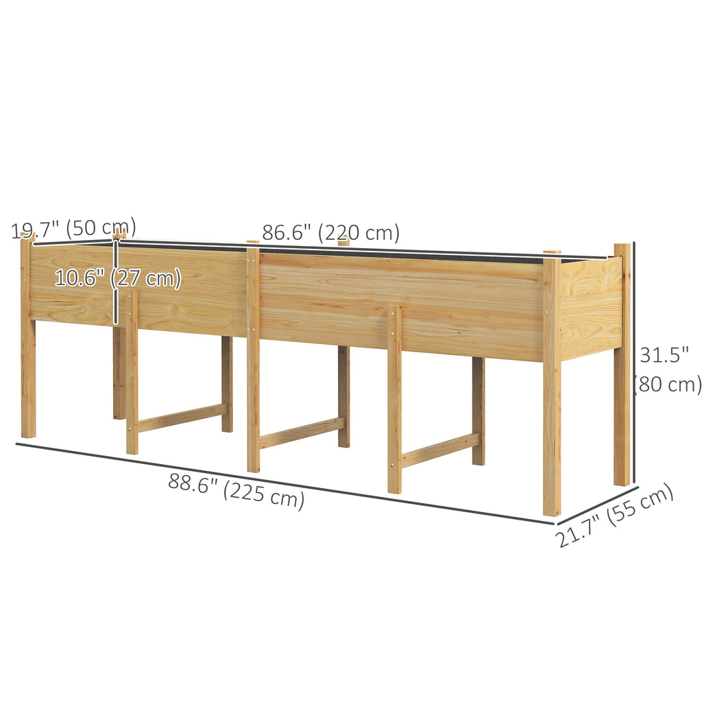 Wooden Raised Bed with Liner & Drain Holes, 86.6" x 19.7" x 10.6", Natural