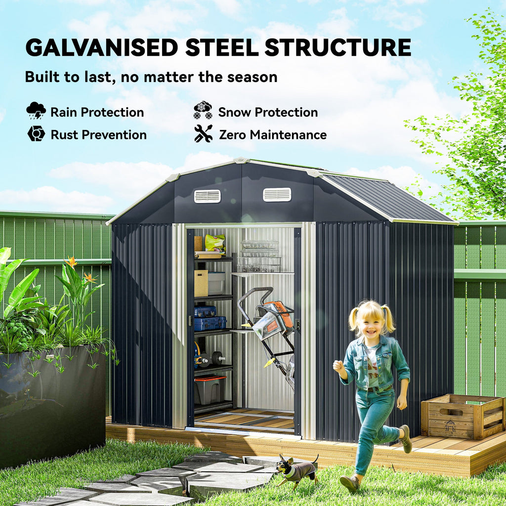 8' x 4' Galvanized Garden Shed with Adjustable Shelves, Foundation Kit, Dark Grey